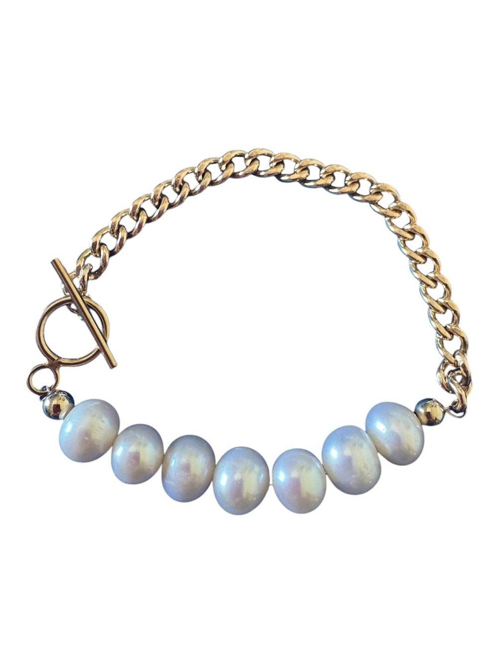 Pearl and 14k Yellow Gold Curb Chain Toggle Handmade Bracelet NEW